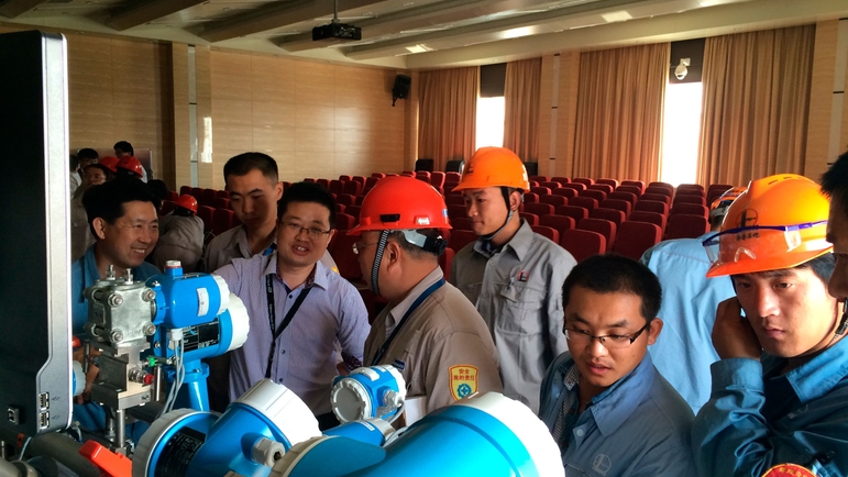 流量产品工程师魏兴平与烟台万华厂区内的工程师们进行讨论中