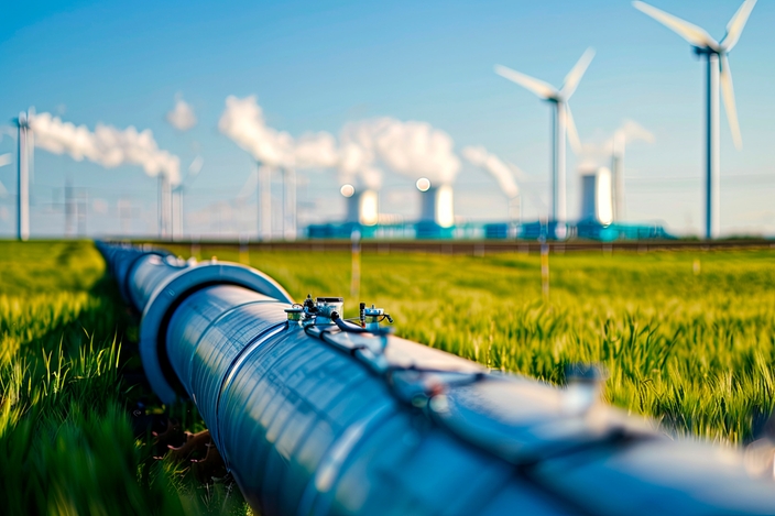 Green ammonia or green methanol plant with pipeline in foreground