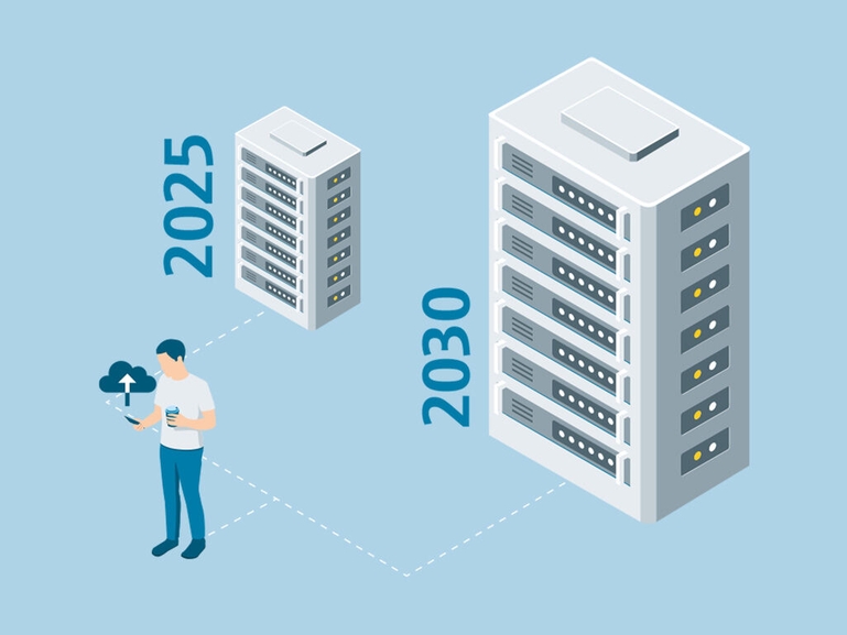 A person in front of two data centers