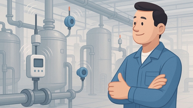 A cartoon man stood in front of a process plant skid