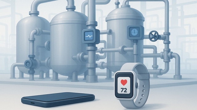 A cartoon process plant with two consumer IoT devices (an phone and a smart watch)