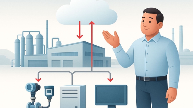 A cartoon man stood in front of a plant and devices connected to the cloud