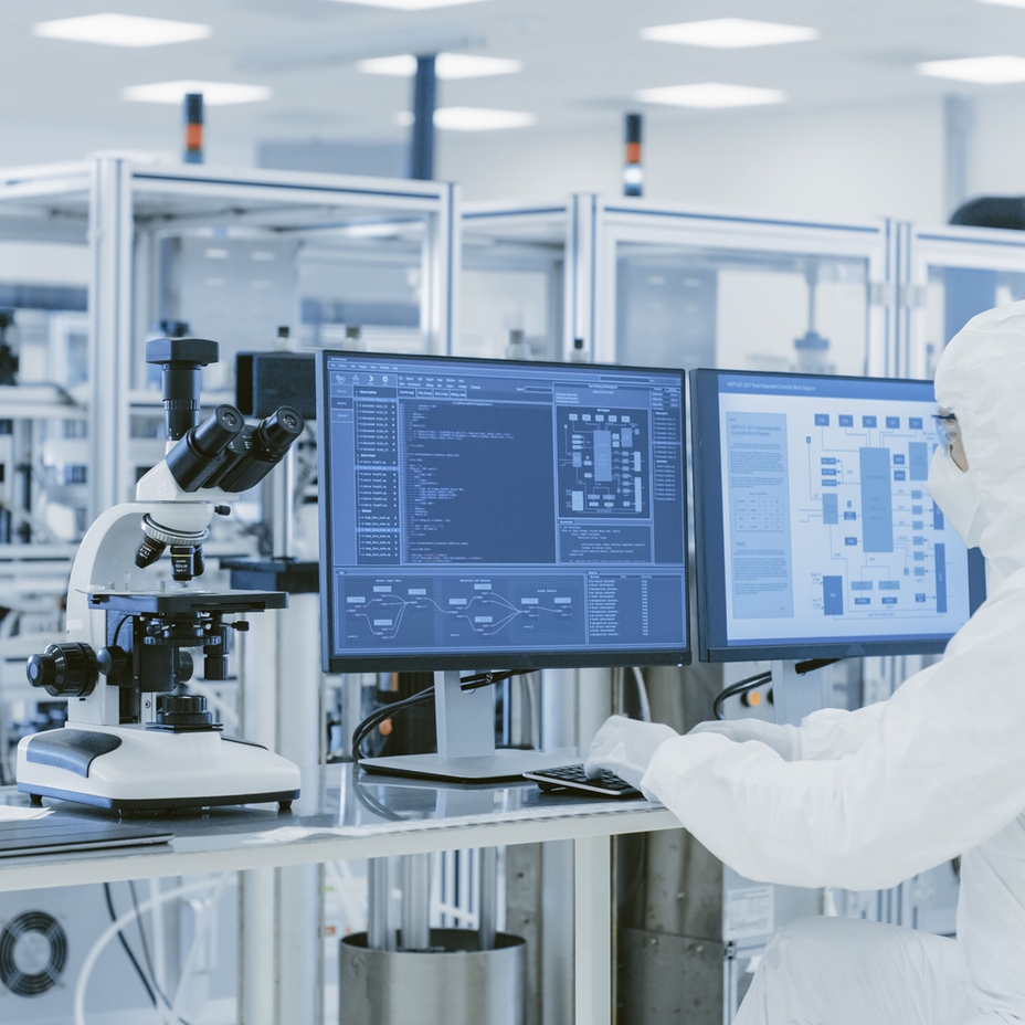 Cleanroom operator reviews process data beside a microscope and dual monitors
