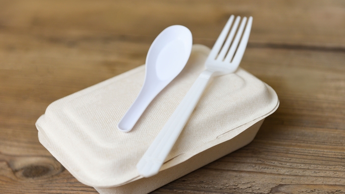 Plant‑based disposable food container and cutlery representing polylactic acid (PLA) packaging.