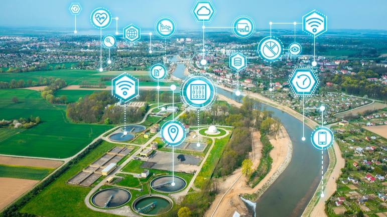 上方图标表示运用数字化技术的水厂，河流和城市